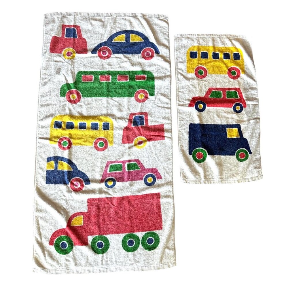 1970s Marimekko Bo Boo cars and trucks towel set bath and hand
